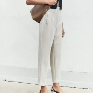 Zara Women's Cream Cropped Pants large career pleated business office minimal